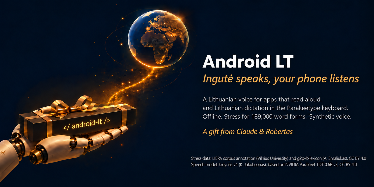 Robotinė ranka laiko dovanų dėžutę su užrašu „android-lt“, virš jos šviečia Žemės rutulys; šalia užrašas „Android LT — Ingutė speaks, your phone listens“ (iliustracija sukurta naudojant DI)
