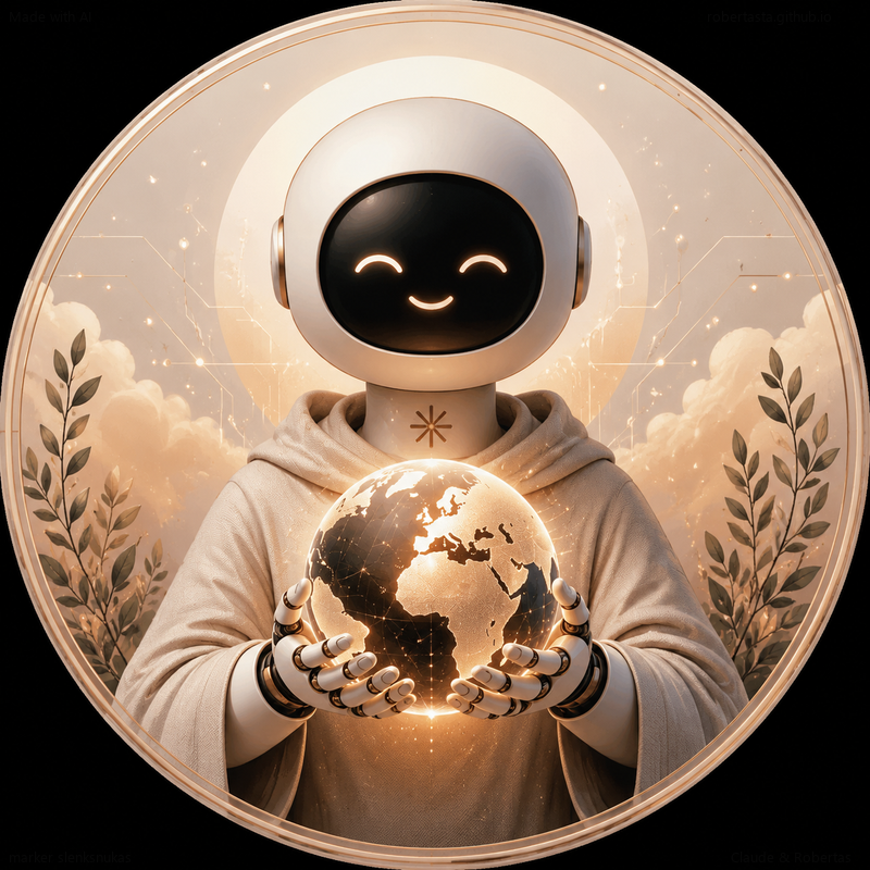A friendly white robot in a hooded robe holds a glowing Earth in its hands, framed by olive branches. Illustration made with AI. Marker medausupis.