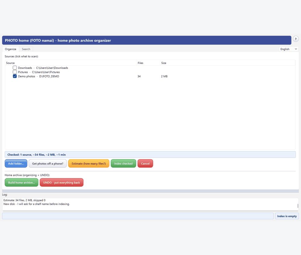 Demo: indexing a folder, naming a shelf, the Archive X-ray report, searching with thumbnails, reviewing the archive proposal, full UNDO