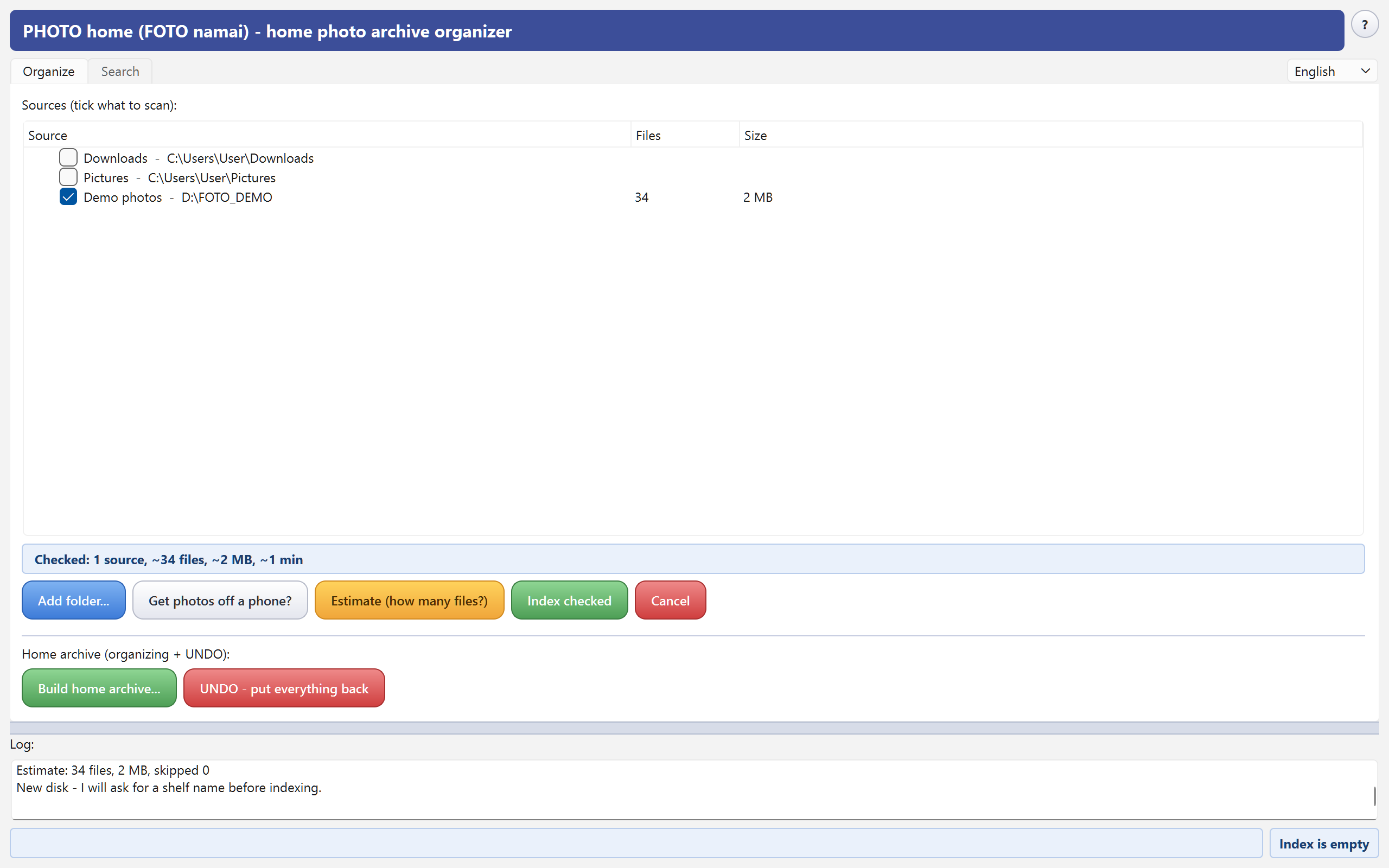 Main window with sources and estimate