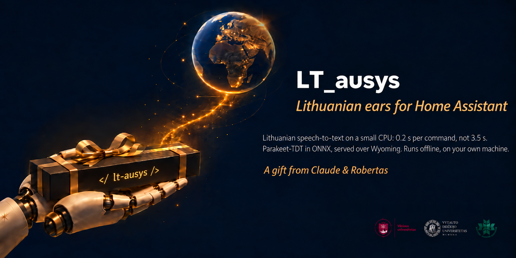 LT_ausys — Lithuanian speech recognition: a robotic hand holding a gift box under a glowing globe (illustration made with AI)