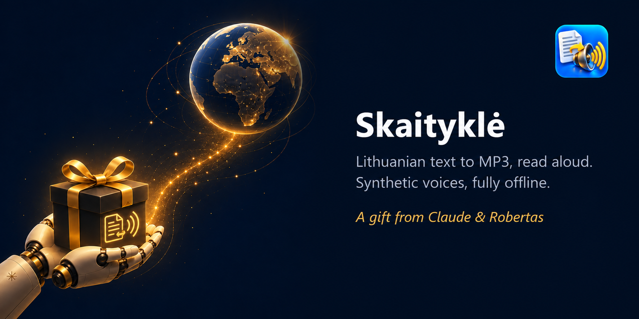 Robotinė ranka laiko dovanų dėžutę su dokumento ir garso bangų ženklu; šalia užrašas „Skaityklė — Lithuanian text to MP3, read aloud. Synthetic voices, fully offline.“ (iliustracija sukurta naudojant DI)