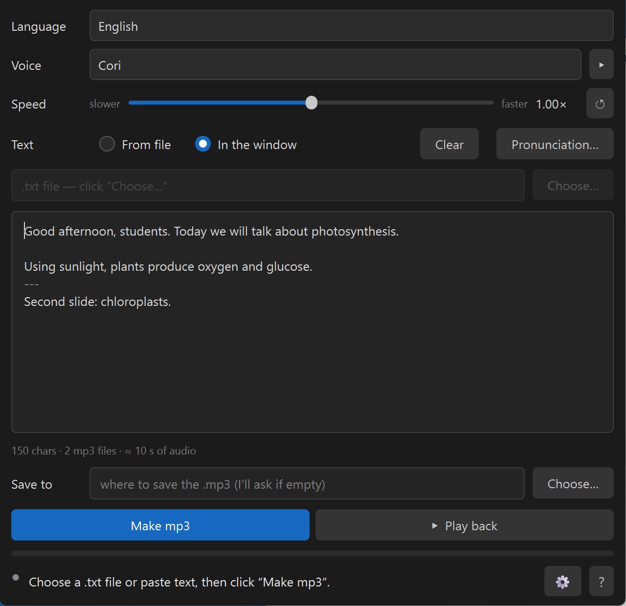 Skaityklė in English: language English, voice Cori, speed slider, text in the window with a --- line that makes two MP3 files