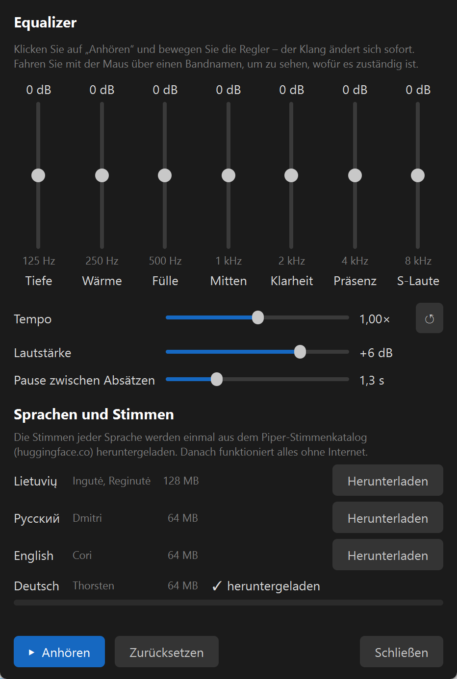 Einstellungen (⚙): Equalizer mit sieben Bändern von 125 Hz bis 8 kHz, Tempo, Lautstärke, Pause zwischen Absätzen und „Sprachen und Stimmen“: Deutsch heruntergeladen, bei Litauisch, Russisch und Englisch die Schaltfläche „Herunterladen“