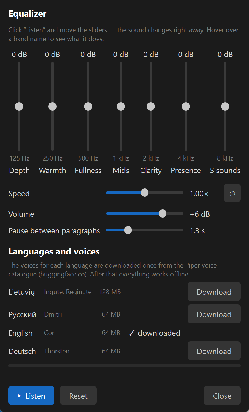 Settings (⚙): seven-band equalizer from 125 Hz to 8 kHz, speed, volume, pause between paragraphs, and “Languages and voices”: English downloaded, Lithuanian, Russian and German with Download buttons