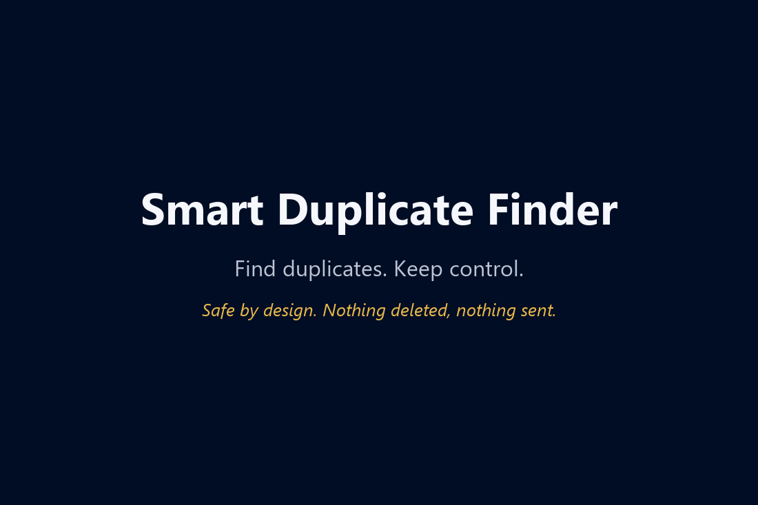 Demo: scanning folders, reviewing duplicate groups, exporting an Excel report — zero files deleted
