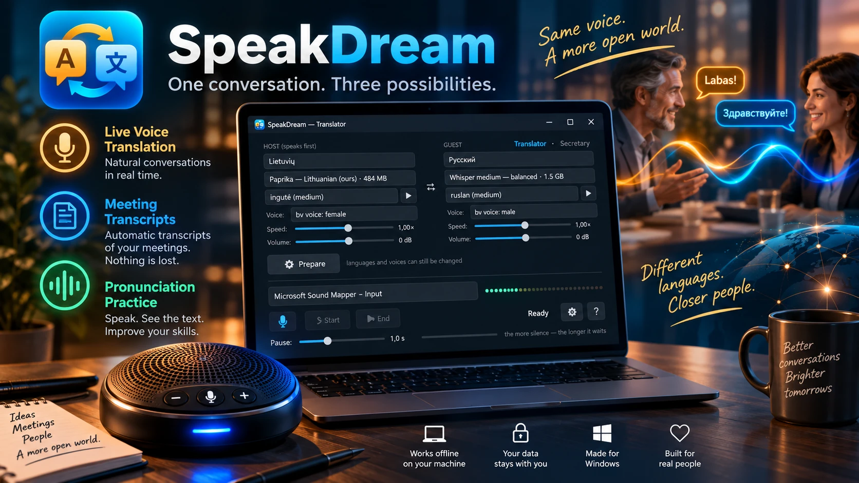 SpeakDream: a laptop with the program window, a conference speakerphone on the table and two people talking in different languages. AI-generated illustration.