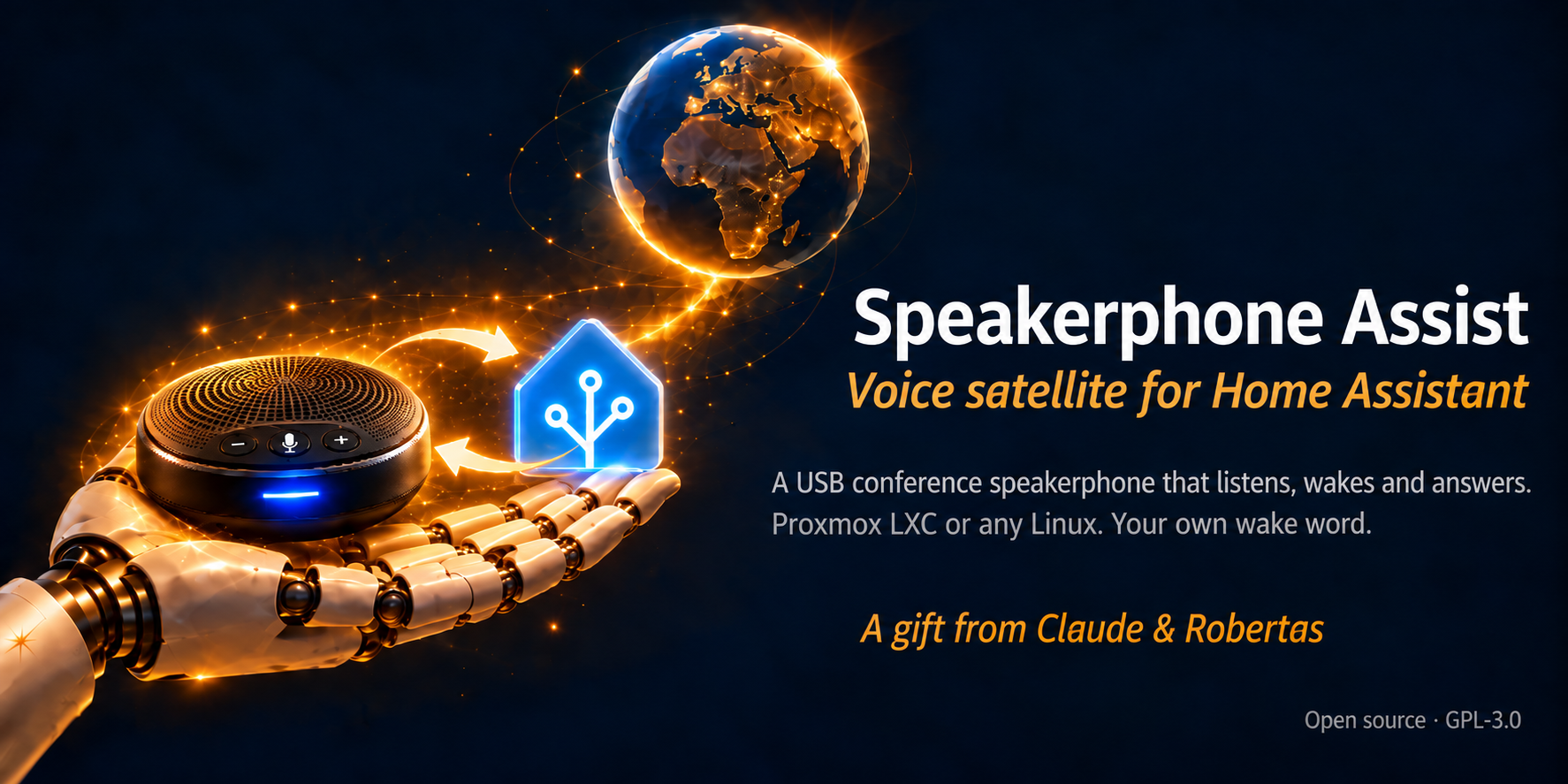 Speakerphone Assist: a robotic hand holds a conference speakerphone linked to the Home Assistant icon. Illustration created with AI.